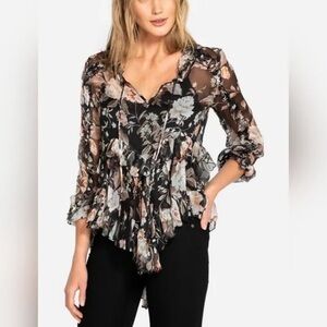 Johnny Was Black and Cream Silk Ruffle Floral Blouse